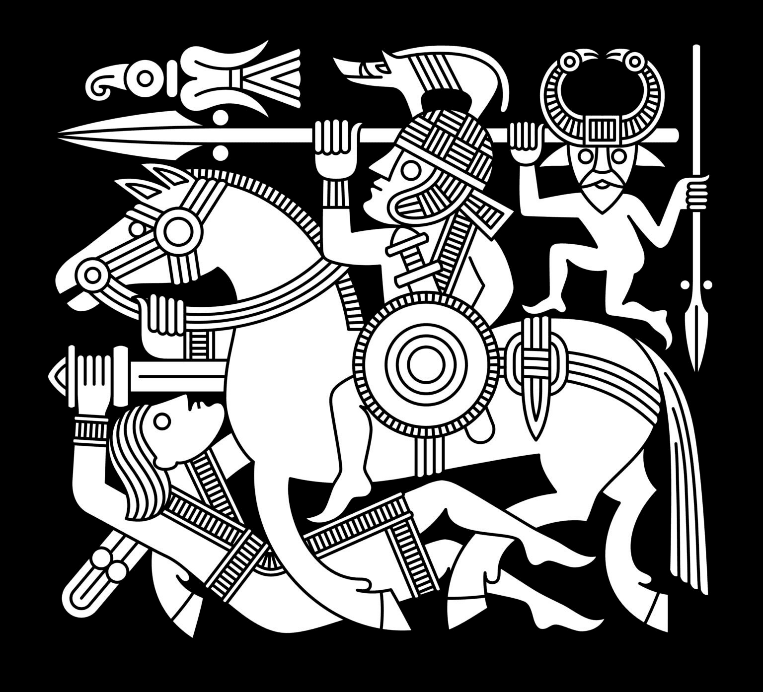 Norse artwork showing warriors and horses in geometric style